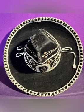 Vintage 1970's Authentic Mexican Childs Sombrero black Velvet with silver Thread